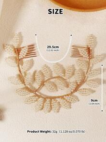 1pc Luxury Gold Metal Twisted Wire Faux Pearl Leaf Headband Hair Comb Bridal Hair Accessory For Banquet And Formal Occasions - Gold - View 9