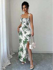 Women's Floral Mermaid Maxi Dress With Thin Straps And Bow, Square Neck, Ruched, Bodycon, For Wedding Guests, Beach Vacations And Date Nights. - 綠色 - 查看 4