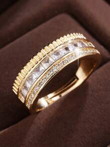 1pc Fashionable Double-Row Square Open Ring For Women, Gear Texture Wide Adjustable Finger Ring, Luxury High-End Banquet Layering Index Finger Jewelry - ring - View 1