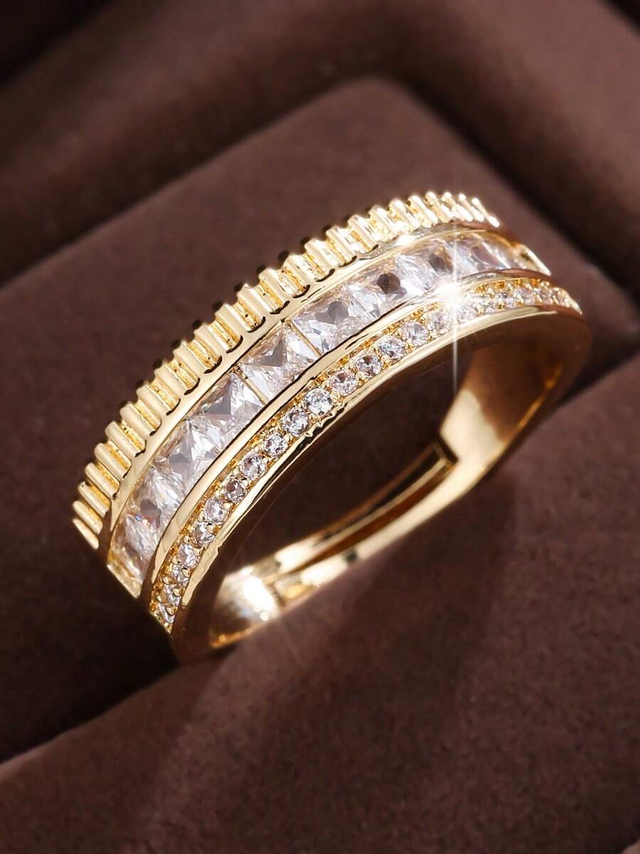 1pc Fashionable Double-Row Square Open Ring For Women, Gear Texture Wide Adjustable Finger Ring, Luxury High-End Banquet Layering Index Finger Jewelry - ring - View 1