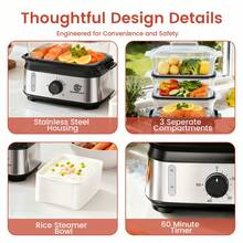 SUPERLEX 3-Tier Electric Food Steamer With 950W High-Power Fast Cooking, 9.6QT Large Capacity Multi-Tier Steamer For Family Dinners, Boil-Dry Protection, Dishwasher , 60-Min Timer, Stainless Steel White Steamer For Seafood, Vegetables, Chicken, Fish, Rice - View 8