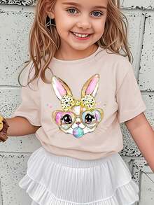Girls' Short-Sleeved T-Shirt, Spring-Summer Style, With Easter Cartoon Print: Bow, Rabbit, Heart, Colorful Glasses And Bubbles, Versatile Casual Top NY-DX5438 - 卡其色 - 查看 1