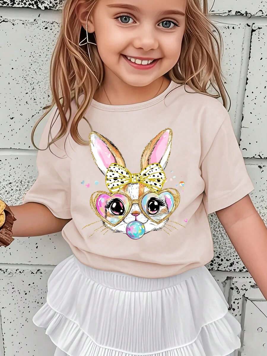Girls' Short-Sleeved T-Shirt, Spring-Summer Style, With Easter Cartoon Print: Bow, Rabbit, Heart, Colorful Glasses And Bubbles, Versatile Casual Top NY-DX5438 - 卡其色 - 查看 1
