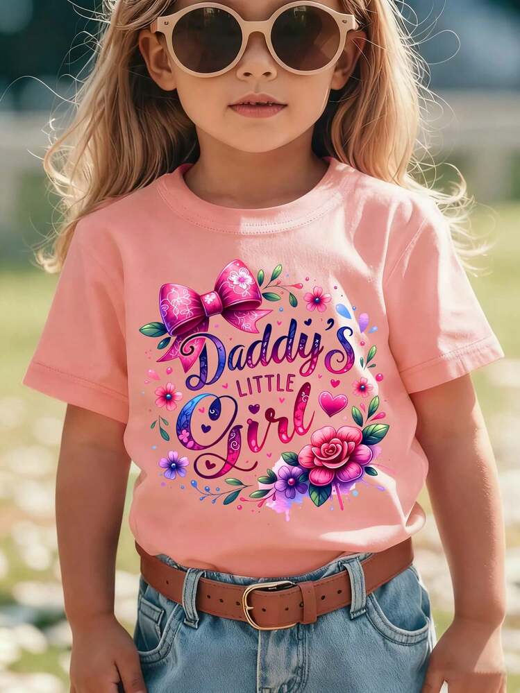 Camiseta de manga corta para niñas, estilo veraniego, con la inscripción "Daddy's Little Girl", lazo y estampado floral de dibujos animados, top casual versátil NY-DX9526 - Negro - Añade 8