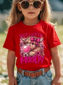 Girls' Short-Sleeved T-Shirt, Summer Style, With "JUST A LITTLE MOODY" Print, Showing A Cartoon Calf Blowing Bubbles With A Bow, Casual And Versatile NY Top - 紅色 - 查看 1