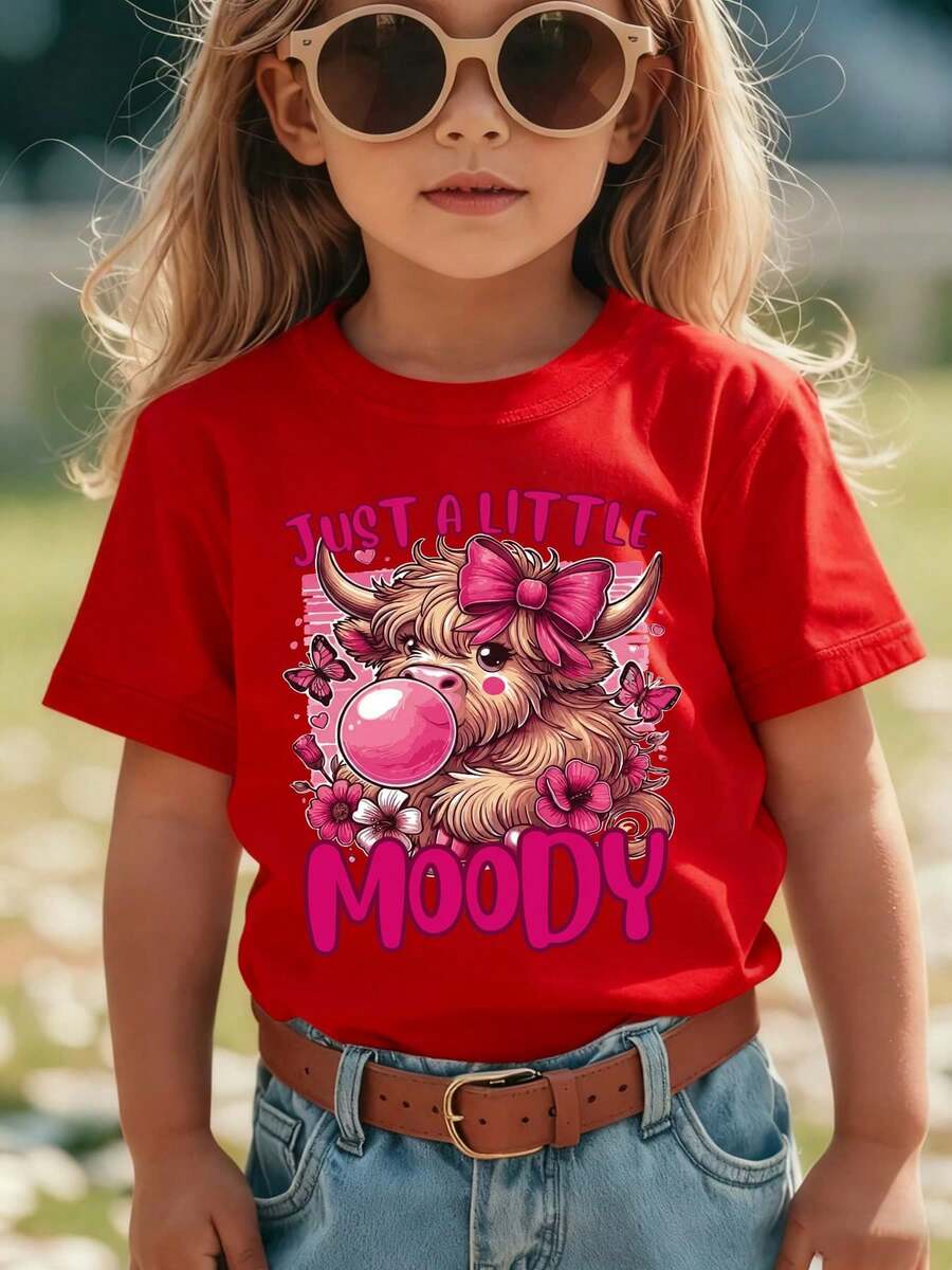 Girls' Short-Sleeved T-Shirt, Summer Style, With "JUST A LITTLE MOODY" Print, Showing A Cartoon Calf Blowing Bubbles With A Bow, Casual And Versatile NY Top - 紅色 - 查看 1