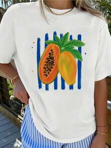 Talla unisex. Camiseta de algodón para mujer con estampado de fruta de papaya en acuarela con hoja verde y pinceladas azules, diseño tropical de frutas, ideal para viajes a la playa y brunch - Blanco 4 - Ver 1