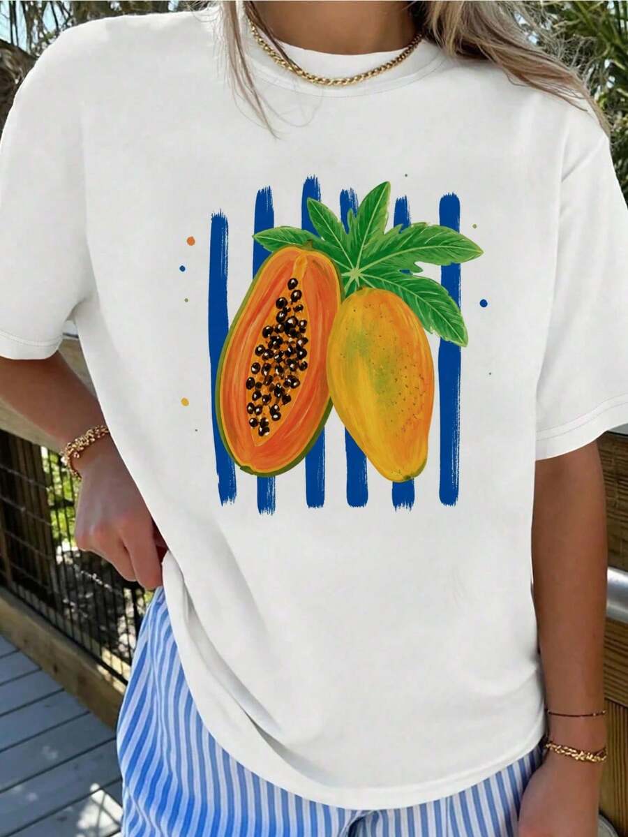 Talla unisex. Camiseta de algodón para mujer con estampado de fruta de papaya en acuarela con hoja verde y pinceladas azules, diseño tropical de frutas, ideal para viajes a la playa y brunch - Blanco 4 - Ver 1