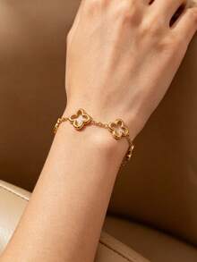 VceTd 1 Set Fashionable Clover Stainless Steel Jewelry Set Suitable For Women's Fashion Commute Or Daily Wear - Yellow Gold - View 5