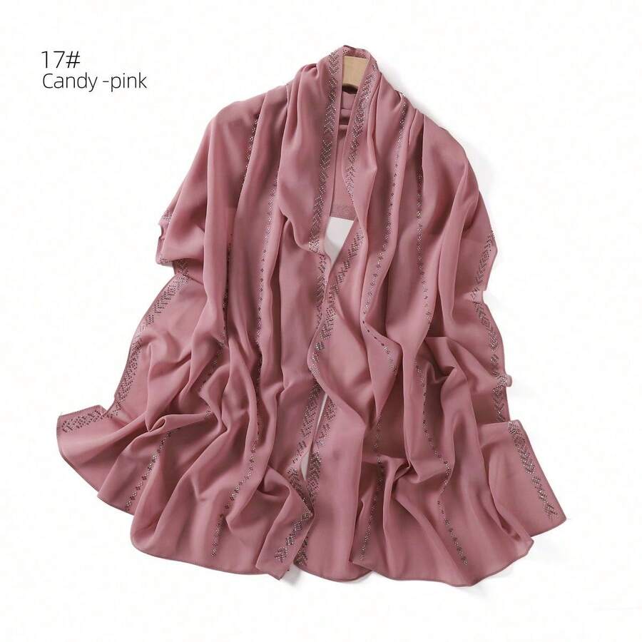 1 Piece Solid Color Rhinestone Chiffon Hijab, Elegant Faux Rhinestone Headscarf, Sunscreen Shawl For Women, Ideal For Dresses. - 香檳色 - 查看 1
