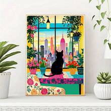 1pc DIY Black Cat And Window View Architecture Landscape 5D Diamond Painting Kit, Suitable For Adult Beginners DIY Mosaic Diamond Art, Full Drill Handmade Hobbyist Self-Design DIY Diamond Painting, Applicable For Living Room, Bedroom, Office Wall Decoration Hanging Painting, Surprise Holiday Home Decor Gift For Family And Friends, Frameless[30*40cm/11.8*15.7in][40*50cm/15.7/19.7in] - No Frame - View 2