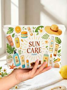 New Sun Protection Theme Large Capacity Lightweight Zippered Makeup Bag, Beach Bag, Fresh Hand-Drawn Sun And Sunscreen Design, Summer Sun Care Storage Gift, Zippered Travel Organizer Bag, Lightweight Fade-Resistant Makeup Toiletry Bag Suitable For Women And Men, Easy-To-Clean Design, Suitable For Mothers, Teachers, Friends, Nurses Makeup Bag, School Vacation Holiday Back-To-School Supplies Toiletry Bag, Essential Travel Makeup Bag - Multicolor - View 3