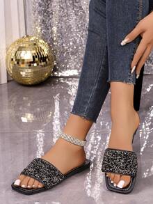 1 Pair Flat Slide Sandals/Solid Color Flat Design Shiny Upper Exquisite Design Rhinestone Decor Easy To Put On And Take Off Easy To Clean Elegant Sophisticated Fashionable Versatile Suitable For Daily Wear Shopping Dating Vacation Travel Must-Have Slide Sandals - Black - View 7