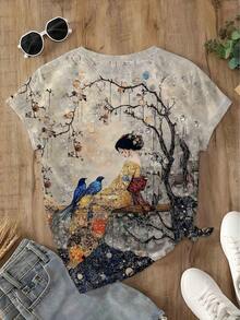 Women's One-Piece Summer T-Shirt, Round Neck And Short Sleeves, With Floral And Bird Print In Japanese, Korean And Chinese Style, Retro, Elegant And Casual, With Delicate Colors - 灰色 - 查看 2