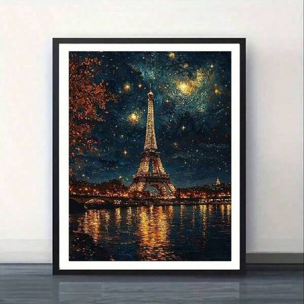 DIY Landscape Series, Eiffel Tower Pattern Full Moon Diamond Painting Kit, Full Round Diamond Home Wall Decor Gift