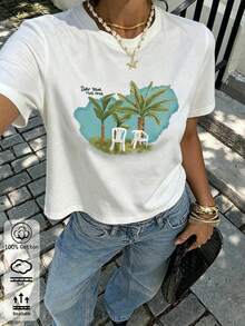 夏季新款圓領 DTMF 圖案修身落肩 T-shirt，度假旅行海灘穿搭 - 白色6 - 查看 5
