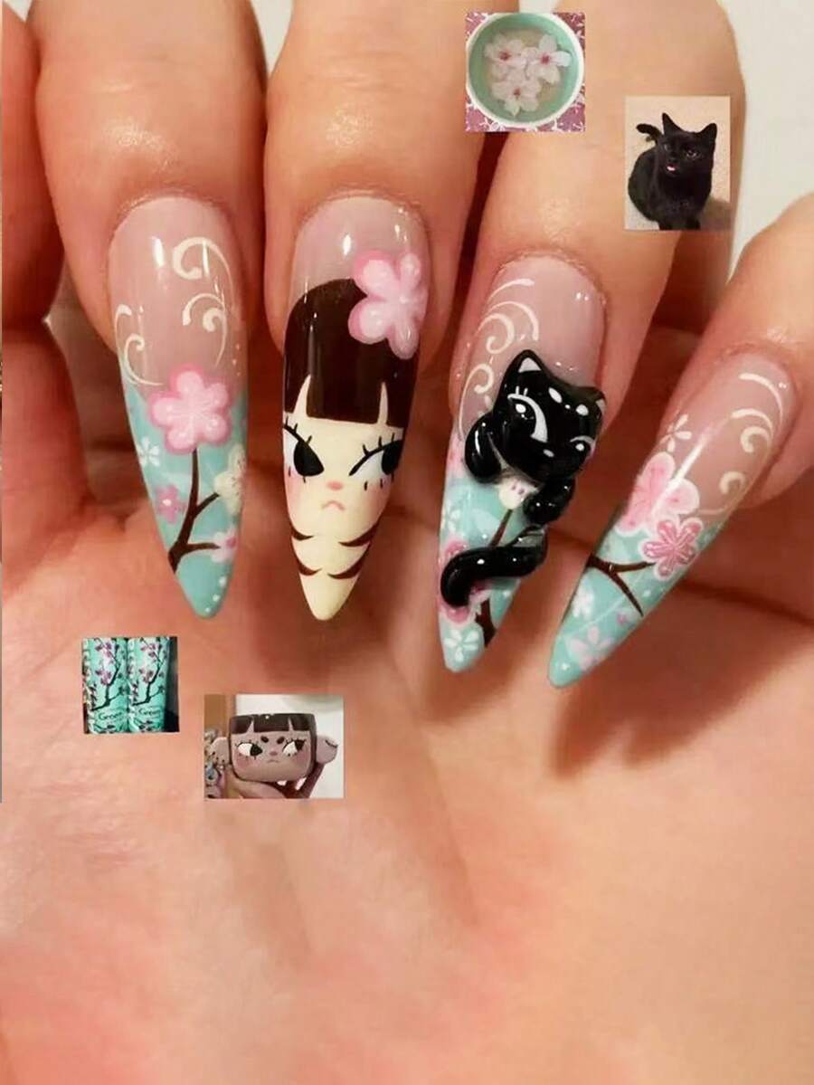 30片薄荷綠櫻花卡通3D黑貓杏仁形穿戴甲,可愛甜美少女風,附1片果凍膠+1個指甲锉,適合學生、甜美女孩、動漫迷 - 彩色 - 查看 1