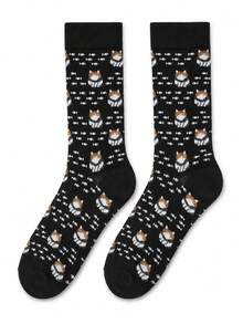 1 Pair Men's Cat & Fish Crew Socks, Thick Warm Autumn Winter Casual Socks, Perfect Birthday Christmas Gift For Cat Lovers - Multicolor - View 2