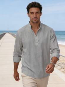 Men's Cotton Linen Long-Sleeved Shirt - 灰色1 - 查看 6