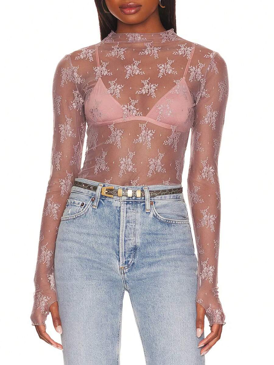 Wild Summer Black Mesh Sheer Lace Country Western Music Festival Women's Tops Western Women's Concert Women's Hippie Western Women's Rave - 粉色 - 查看 1