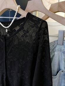 Chaqueta informal, versátil y ligera con estampado de mariposas en jacquard. - Negro - Ver 3