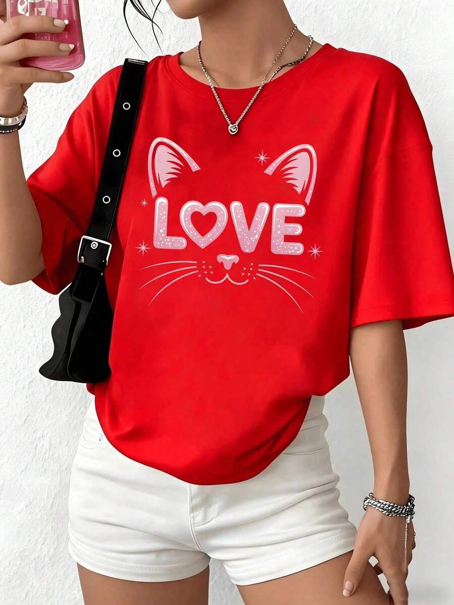 Summer 2026 Women's White T-Shirt With Cute Cat Print And LOVE Letters In Pink, Short Sleeve Round Neck Soft Cotton T-Shirt Kawaii Style And Coquette Fashion Summer 1016 - 紅色 - 查看 1