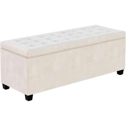 Velvet Storage Ottoman Bench With Metal Legs, Large Storage Chest Footstool For End Of Bed Living Room Entryway, High Capacity Rectangular Padded Window Seat Furniture, White