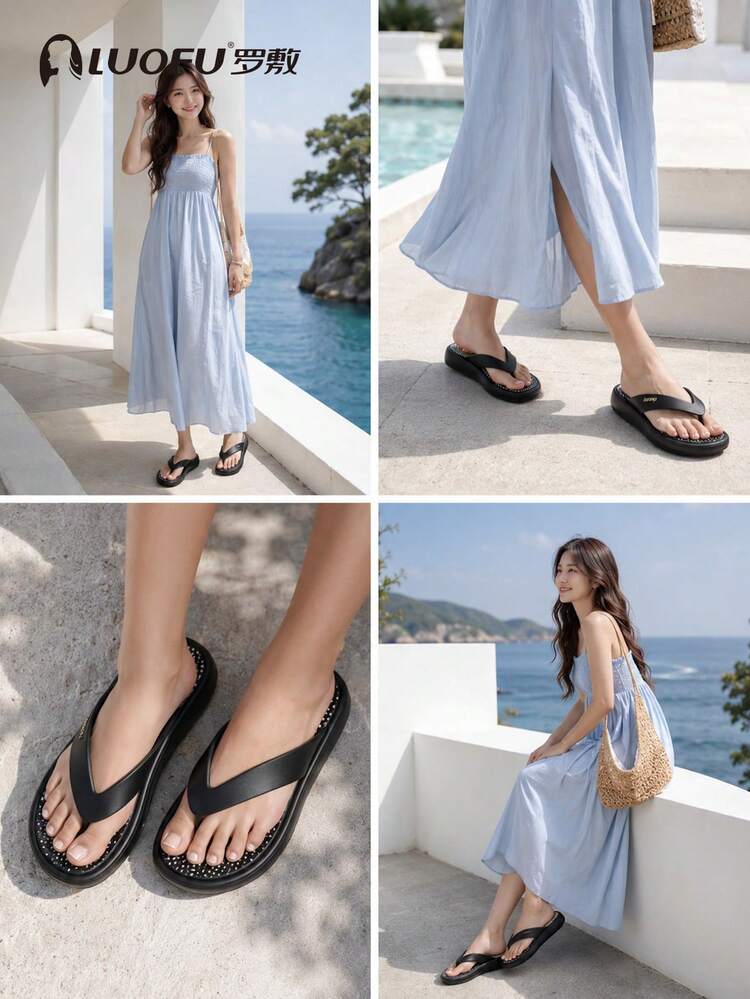 luofu 女款夾腳拖鞋 戶外休閒防滑涼拖 夏季時尚厚底 日常穿著 度假沙灘露趾涼鞋 - 黑色 - 查看 6