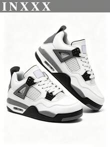 Men's White Grey Black Speckled Street Sneakers, AJ4 Inspired Non-Slip Trainers For Daily Clean Neutral Looks - 白水泥 - 查看 3