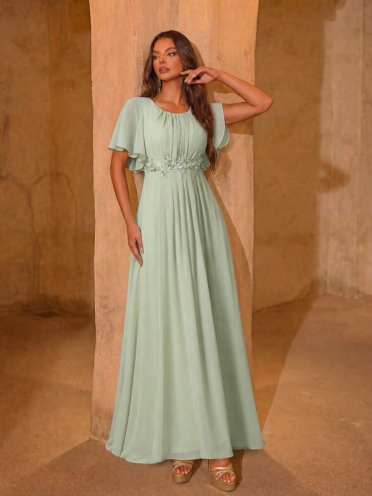 orange and green bridesmaid dresses EVERPRETTY Elegant Sage Dress With Round Neck Flutter Sleeves Floral Applique Waist Flowy Chiffon A-Line Maxi Dress For Wedding Guest Fall SMOOTH