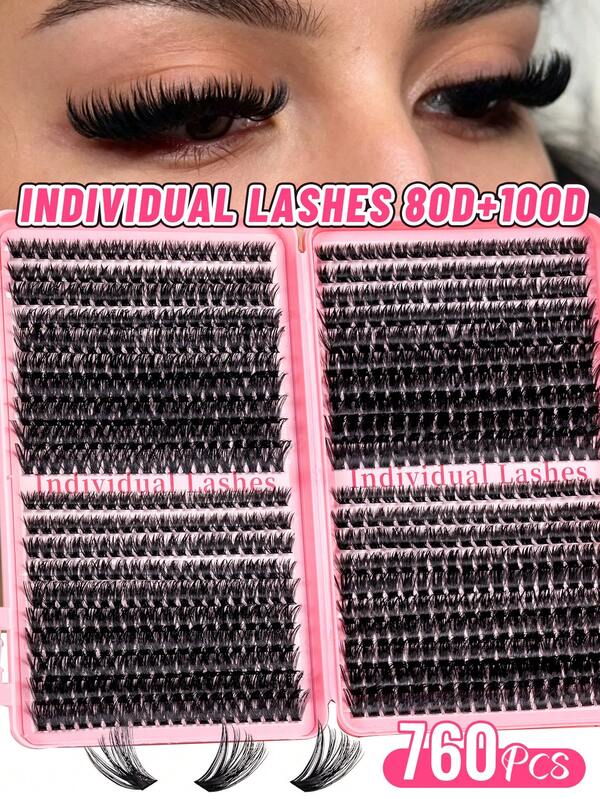 760 Clusters Of 80D+100D Large Capacity Mixed Packaging False Eyelashes, 8-16mm Length Can Be Freely Matched, Ultra Thick And Dense - Fluffy Eyelashes -3D Three-Dimensional Shining Charm Eyes, European/American/Russian Cat Eye Style Extension