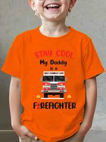 Summer Fashion Short Sleeve T-Shirt For Kids "STAY COOL My Daddy Is A FIREFIGHTER" With Fire Truck Cartoon Print, Casual Outdoor Top NY-DX9673 - 軍綠色 - 查看 11