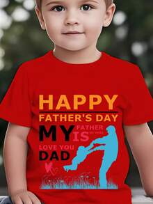Camiseta de manga corta de moda para niños para el Día del Padre de verano, con estampado de dibujos animados de papá sosteniendo a un niño en sus brazos, "FELIZ DÍA DEL PADRE, MI PADRE ES M - Rojo - Ver 1