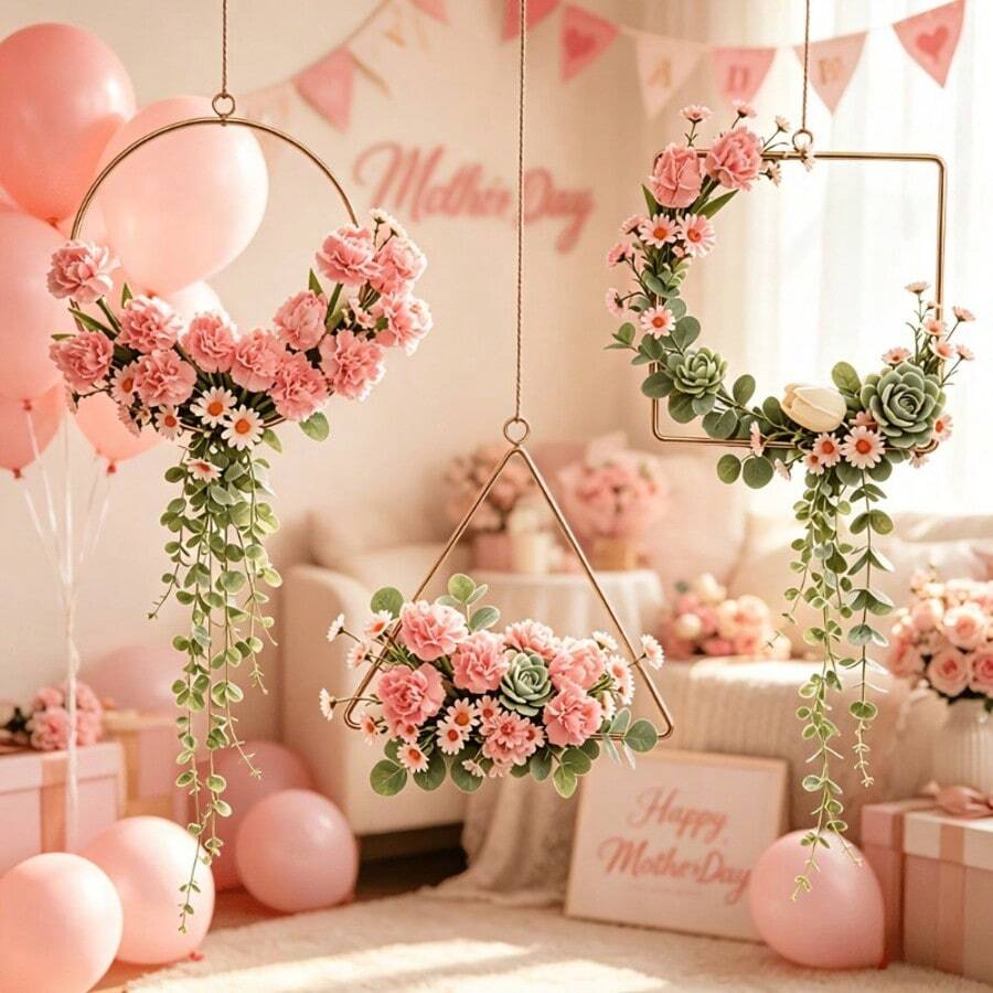 4pcs Metal Floral Wreath Wall Decor Set, No Flowers Included, 7.87 Inch Gold Round Square Triangle Hanging Wreath Frames, With 5m Jute Rope, Bohemian Style Geometric Iron Ring Wall Decor, Suitable For Wedding, Window, Door, Nursery, Bedroom, Home Indoor And Outdoor DIY Floral Decoration