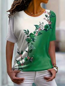 New Women's Short-Sleeved T-Shirt, European And American Style, With Round Neck, Floral Print, Color Block Design, Slim And Casual Fit. - 綠色 - 查看 1