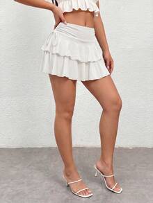 Women's High-Waisted Culottes With Side Drawstring And Tiered Ruffles, 2 Colors Available, Y2K Style Casual Mini Skirt For Summer Vacation And Urban Style. - 白色 - 查看 3