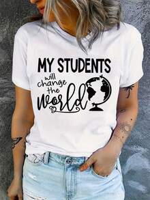 Soft Cotton Summer T-Shirt Women's T-Shirt With Teacher's Day Themed Print And The Slogan "Change The World" | New Spring/Summer Casual T-Shirt With Round Neck And Sleeves - 白色的 - 查看 1