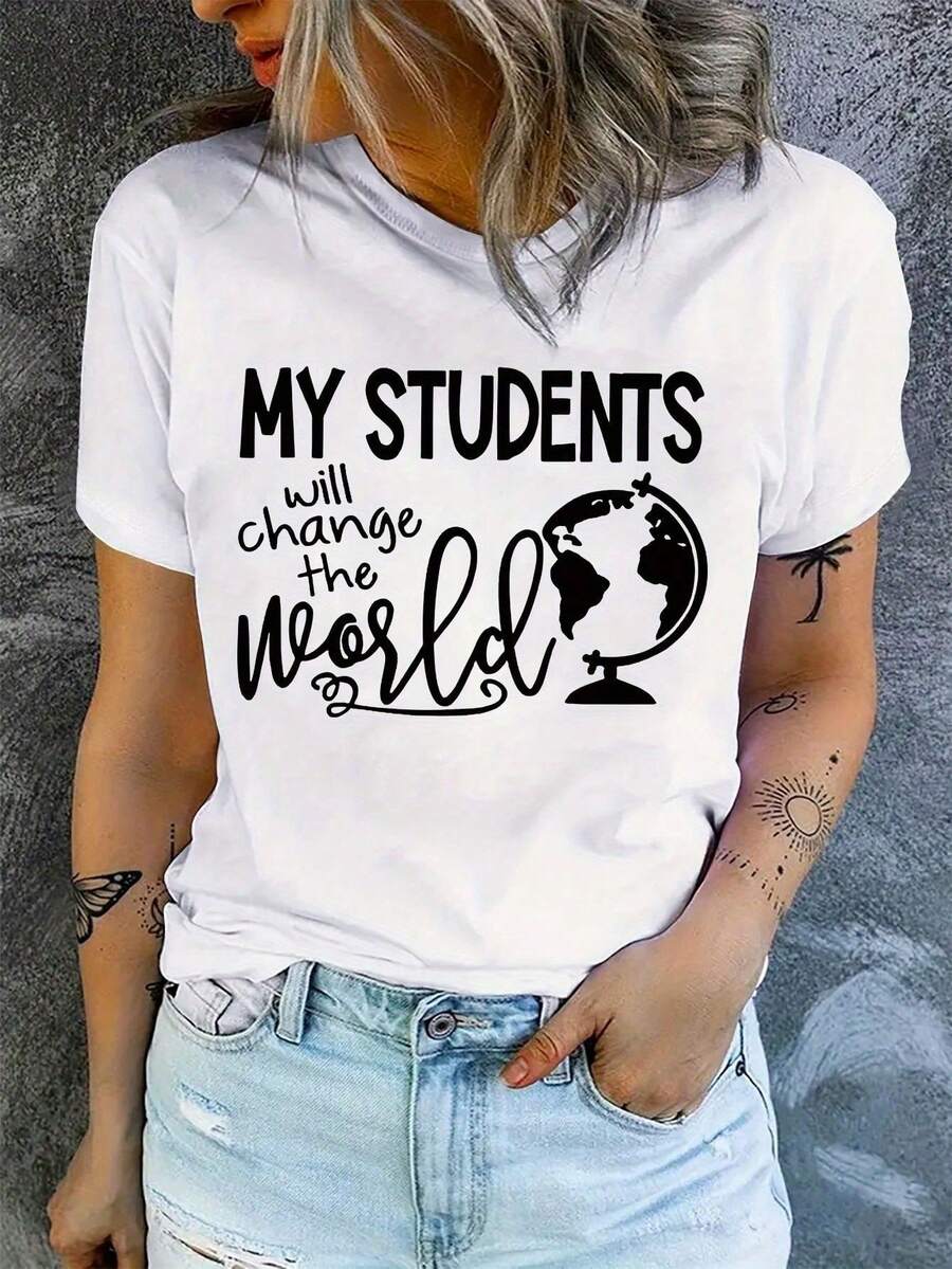 Soft Cotton Summer T-Shirt Women's T-Shirt With Teacher's Day Themed Print And The Slogan "Change The World" | New Spring/Summer Casual T-Shirt With Round Neck And Sleeves - 白色的 - 查看 1