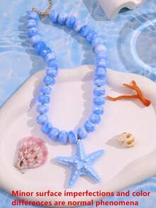 1件藍色海星串珠吊墜項鍊，夏季海洋度假風性感誇張藍色串珠海星頸鍊，女款日常佩戴項鍊 - 彩色 - 查看 3