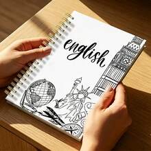 DANPERJI 1PC A5 Spiral Paper Notebook, Minimalist Line Art Big Ben Statue Liberty Globe Print English Subject Journal, White Clean Language Learning Diary, Back To School Supplies, Language Study Gift For English Learners - Multicolor - View 5