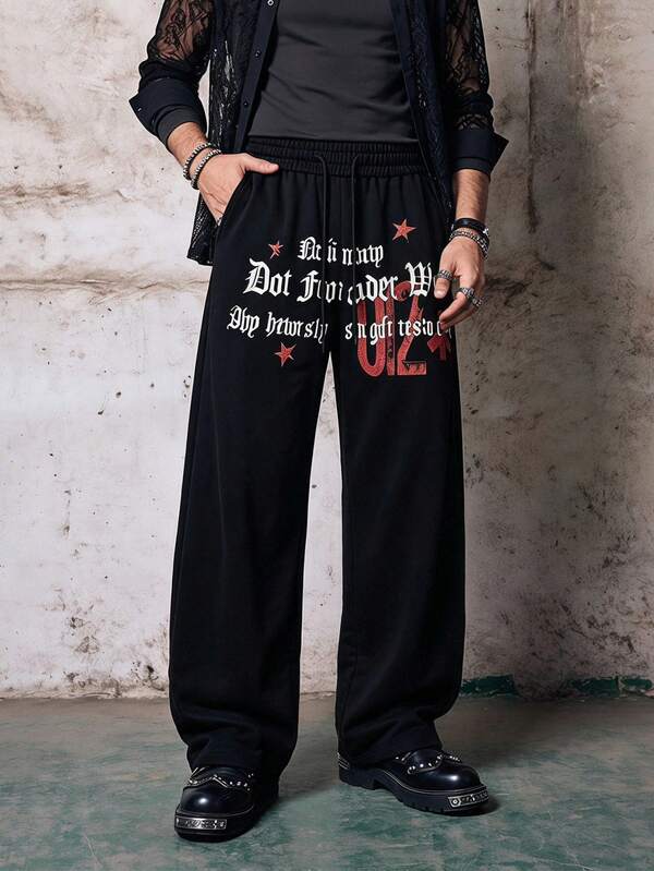 Skyrend Men's Drawstring Waist Slogan Print Casual Versatile Everyday Trousers
