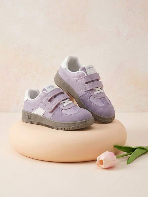 1 Pair Purple & White Colorblock Fashion Kids Sports Shoes, Unisex German Training Sneakers, Comfortable Breathable Non-Slip Girls Sports Shoes, Adjustable Hook & Loop Easy On/Off Baby Sneakers, Suitable For Boys & Girls, Daily School, Outdoor Activities, Weekend Outings, Vacation Travel