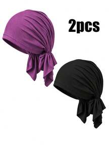 CONFLASS 2/1pc Women's Solid Color Triangle Pre-Tied Headscarf, Soft Comfortable Skin-Friendly Elastic Chemotherapy Hat, Breathable Headscarf, Suitable For Hair Loss Cancer Patients, With Lining Muslim Sleep Cap - Multicolor - View 20