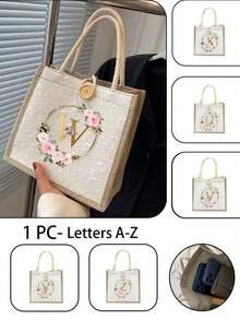 1件極簡字母印花托特包，女性禮物，畢業季禮物，字母圖案大容量，適合日常使用、度假、通勤 - 彩色 - 查看 5