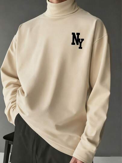 1pc Tween Boys Casual Minimalist Fashion Versatile NY Letter Contrast Print Soft Skin-Friendly Semi-High Neck Long Sleeve Base Layer T-Shirt Top Autumn/Winter