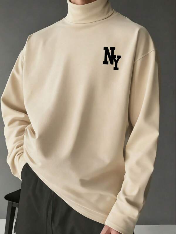 1pc Tween Boys Casual Minimalist Fashion Versatile NY Letter Contrast Print Soft Skin-Friendly Semi-High Neck Long Sleeve Base Layer T-Shirt Top Autumn/Winter