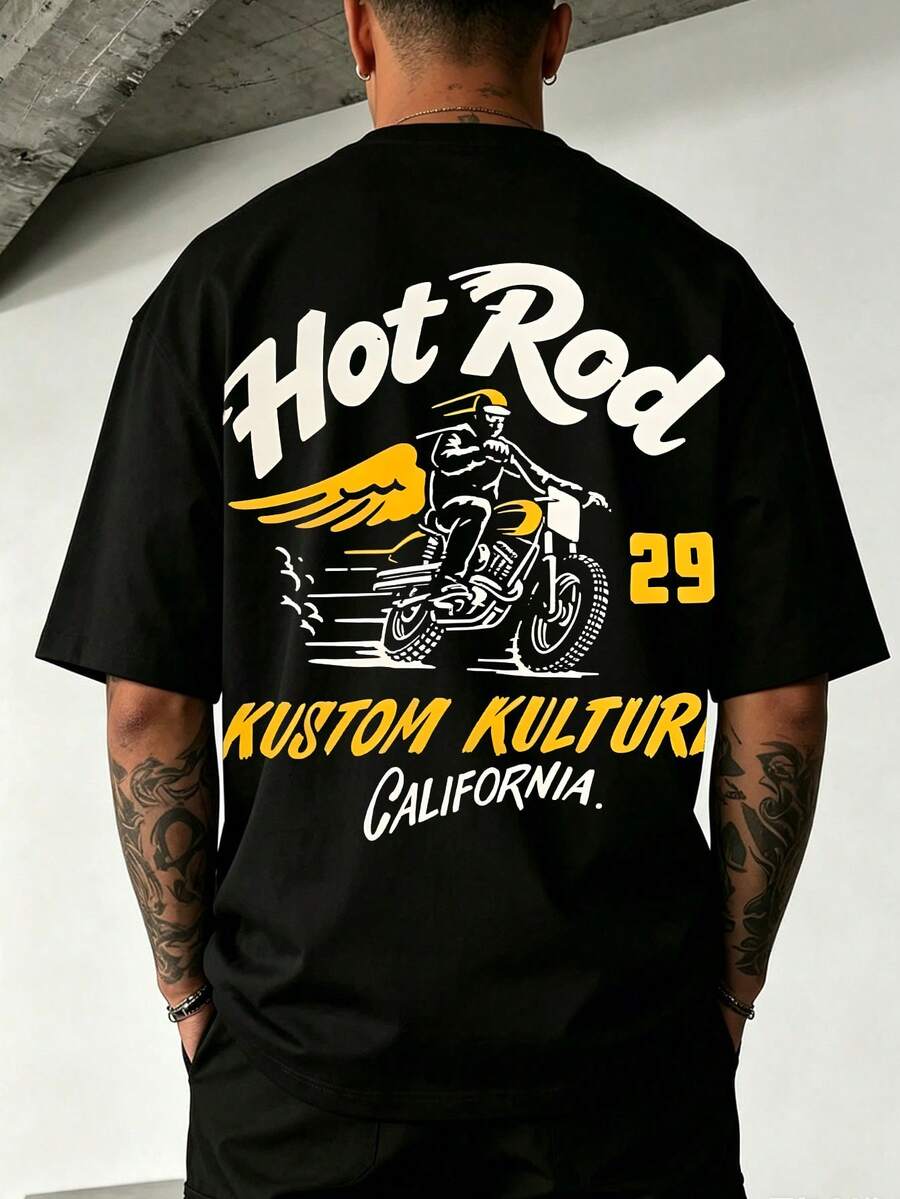T-shirt homme coton noir imprimé motard à ailes "Hot Rod Kustom Kultura California 29", tee streetwear style moto vintage américain décontracté - Schwarz - Übersicht 1