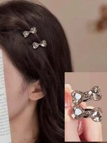 2pcs/Set Small Crystal Bow Side Alligator Hair Clips, Premium Rhinestone Hair Clips For Forehead Wisps And Mini Bangs, Gift, Travel, Women's Gift, Hair Accessories, Valentine's Day Hair Decor,Hair Claws - Multicolor - View 5