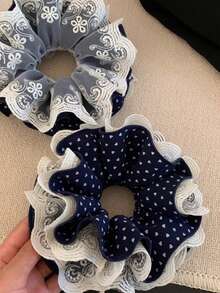 女款海軍藍蕾絲花卉刺繡愛心波點柔軟高彈力大腸圈髮飾髮帶髮圈，適合日常居家、學校、海灘度假、上班通勤、派對、假日、生日禮物、返校季、大學風、新年、情人節、母親節禮物、婚禮季新娘、音樂節，春夏秋冬四季適用 - 彩色 - 查看 4