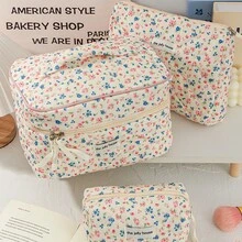 3pcs Set, Large/Medium/Small Multi-Size Large Capacity Layered Storage, Fresh Pastoral Ins Style Soft Lightweight Non-Pressing Luggage, Diamond Quilted Thickened Padded Skin-Friendly Breathable Water-Resistant Fabric, Portable Cosmetic Storage Bag, Korean Healing Floral Girly Style, Cream White Base Full Print Pink Blue Mini Wild Flower Plant Print, 3D Square Full Body Design Resistant To Collapse And Deformation - Multicolor - View 2